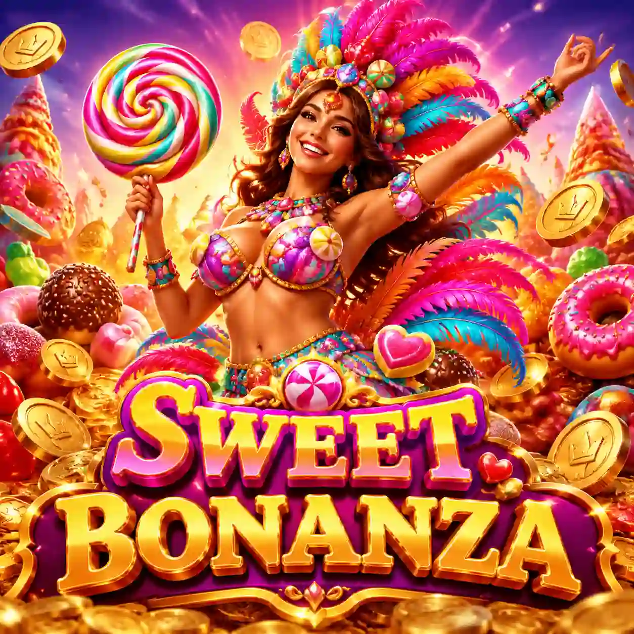 Tela de Free Spins do Sweet Bonanza com bombons de multiplicadores ativos na tela